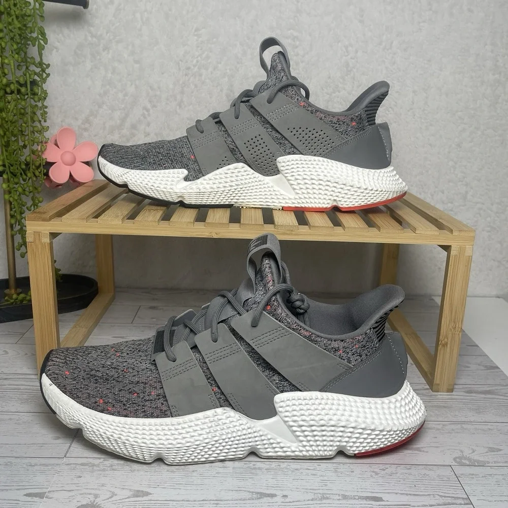 Adidas Prophere Shoes Mens 10.5 Gray Solar Red Primeknit CQ3023 Athletic Sneaker